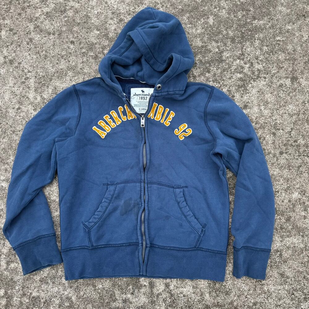 Abercrombie Hoodie Zip Graphic Logo Y2K Kids Boys XL Navy Blue Yellow Lettering